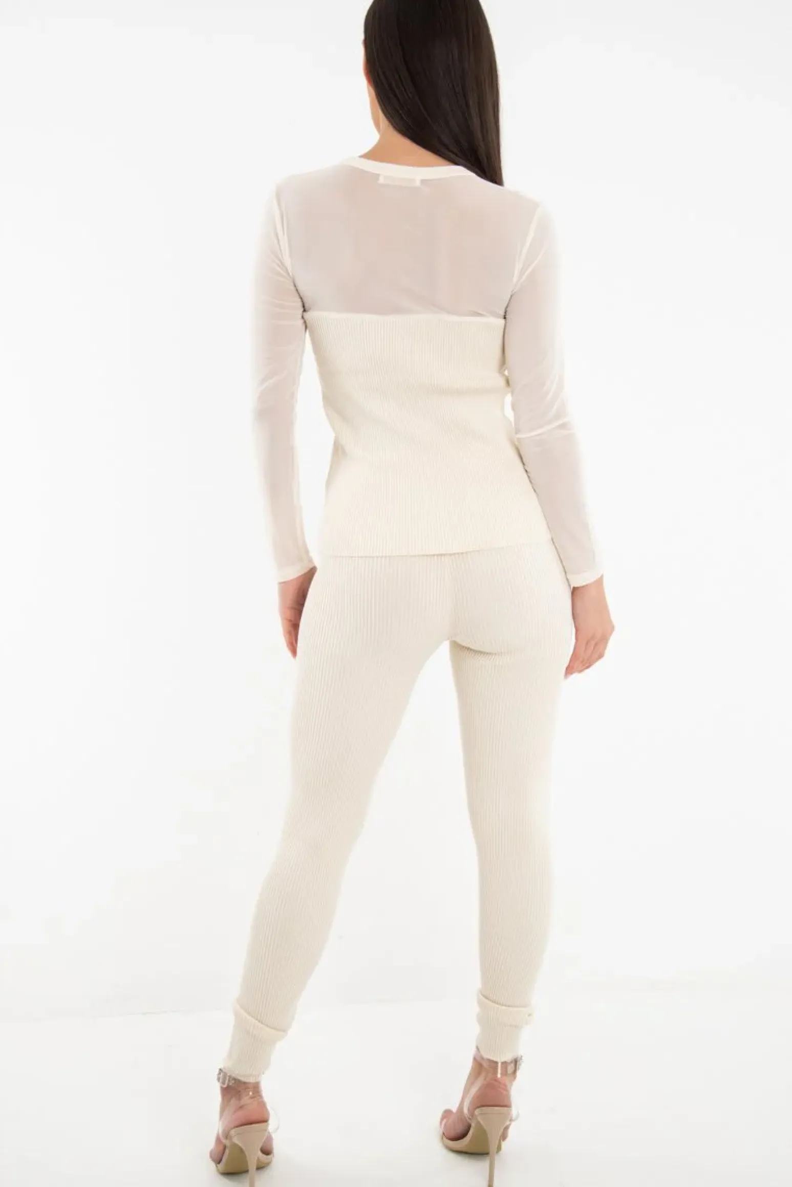 Rebellious Fashion Beige Rib Knit Mesh Insert Loungewear Set - Genavie