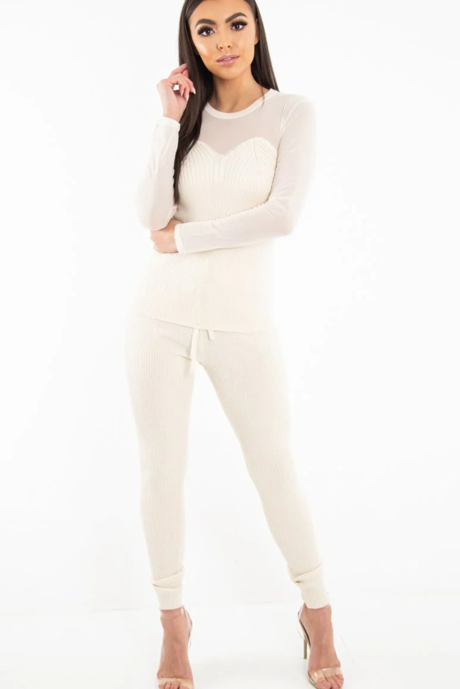 Rebellious Fashion Beige Rib Knit Mesh Insert Loungewear Set - Genavie