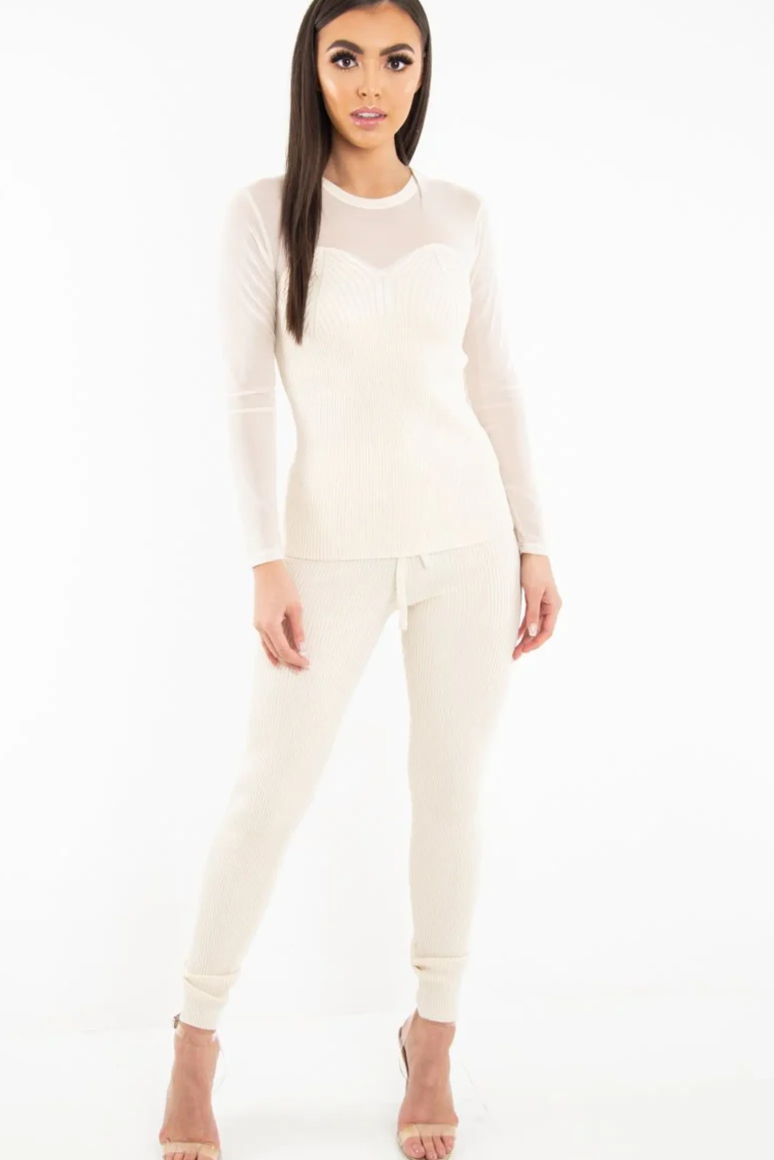 Rebellious Fashion Beige Rib Knit Mesh Insert Loungewear Set - Genavie