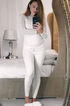 Rebellious Fashion Beige Rib Knit Mesh Insert Loungewear Set - Genavie