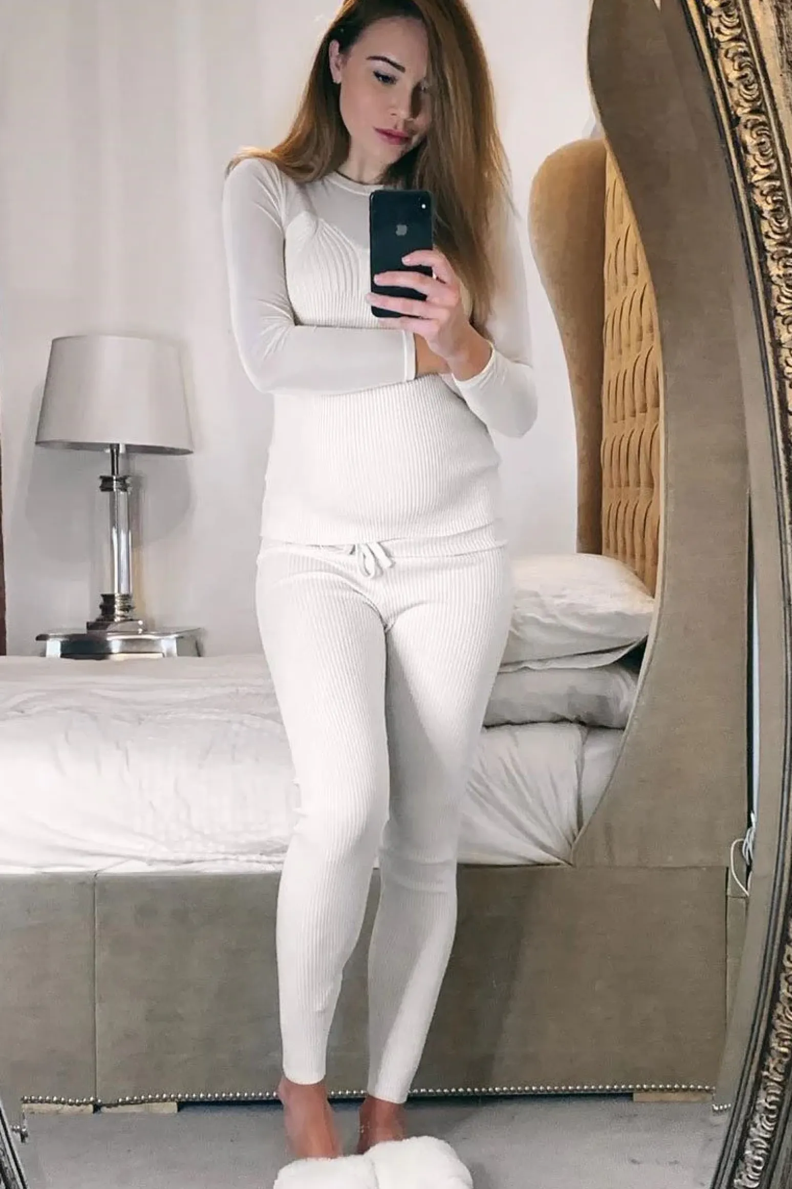 Rebellious Fashion Beige Rib Knit Mesh Insert Loungewear Set - Genavie