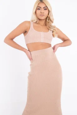 Rebellious Fashion Beige Rib Knit Popper Front Crop Bralet - Narah