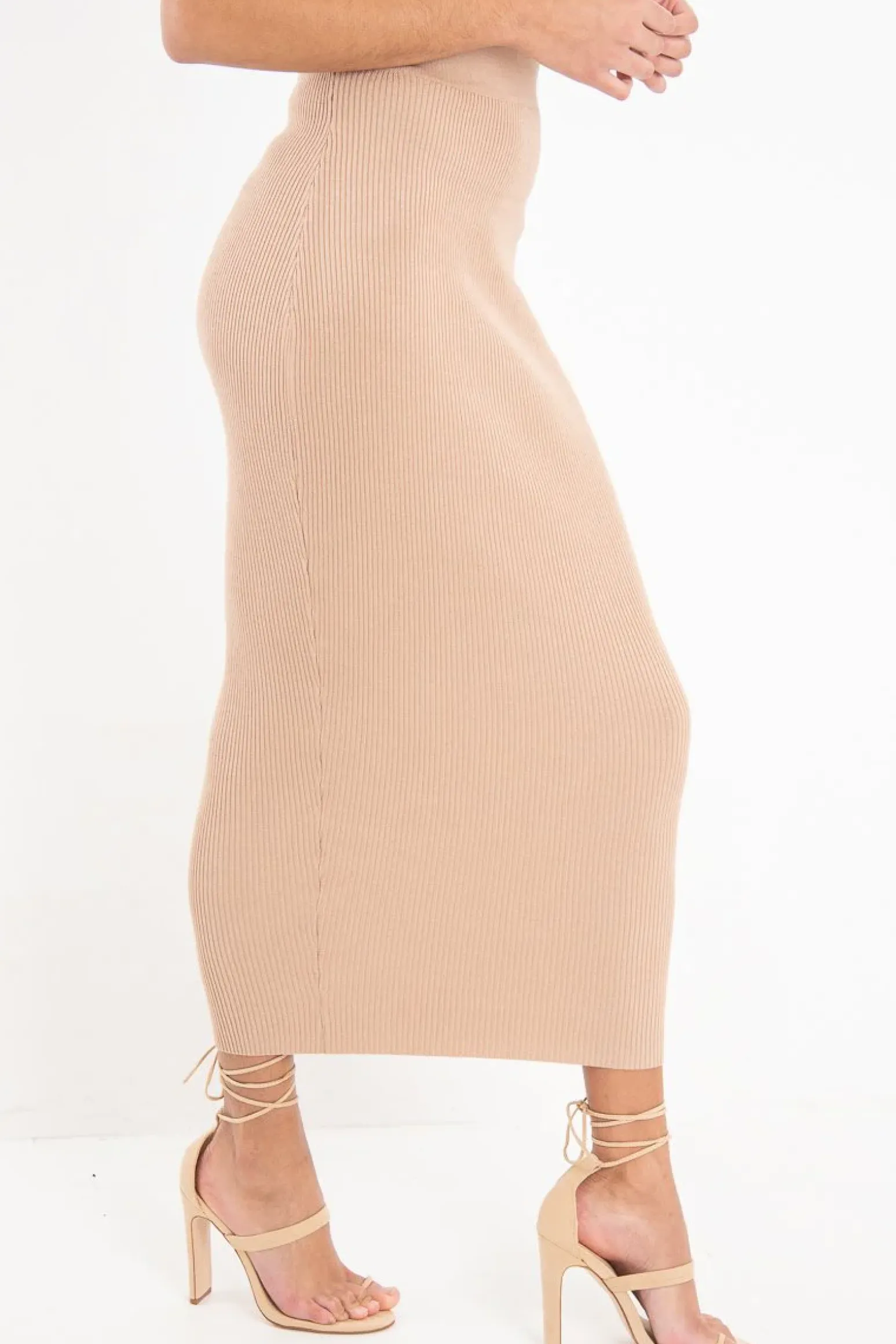 Rebellious Fashion Beige Rib Knitted Midi Skirt - Kloey