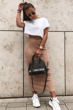Rebellious Fashion Beige Rib Knitted Midi Skirt - Kloey