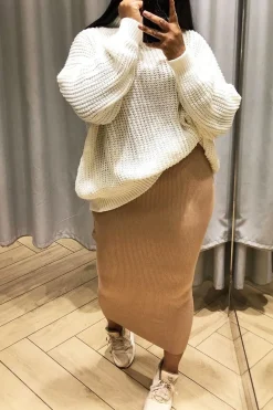 Rebellious Fashion Beige Rib Knitted Midi Skirt - Kloey