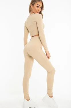 Rebellious Fashion Beige Rib Ruched Front Crop Top Legging Loungewear Co-Ord - Victoria