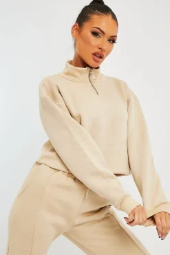 Rebellious Fashion Beige Ring Zip Front High Neck Sweatshirt - Maggi