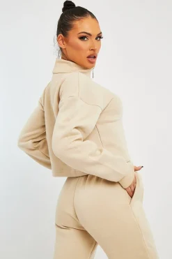 Rebellious Fashion Beige Ring Zip Front High Neck Sweatshirt - Maggi