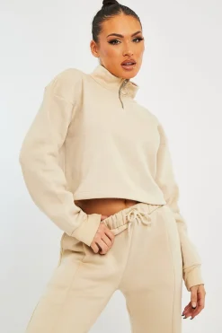 Rebellious Fashion Beige Ring Zip Front High Neck Sweatshirt - Maggi