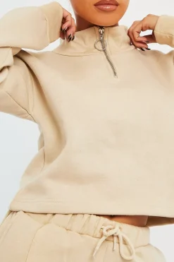 Rebellious Fashion Beige Ring Zip Front High Neck Sweatshirt - Maggi