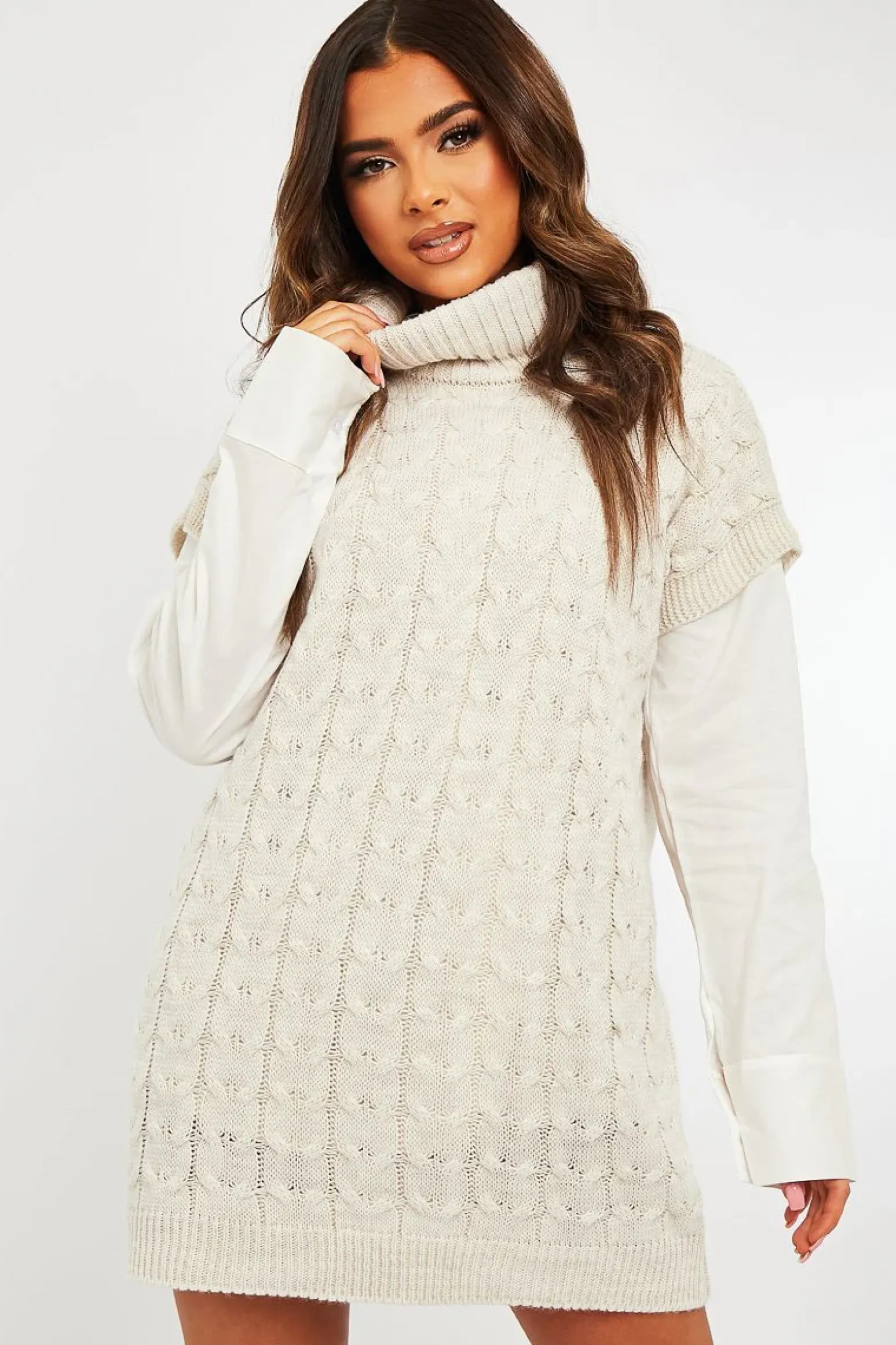 Rebellious Fashion Beige Roll Neck Cable Knit Vest - Emira
