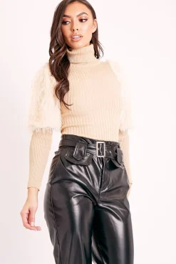 Rebellious Fashion Beige Roll Neck Fluffy Sleeve Ribbed Top - Kacey