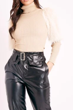 Rebellious Fashion Beige Roll Neck Fluffy Sleeve Ribbed Top - Kacey