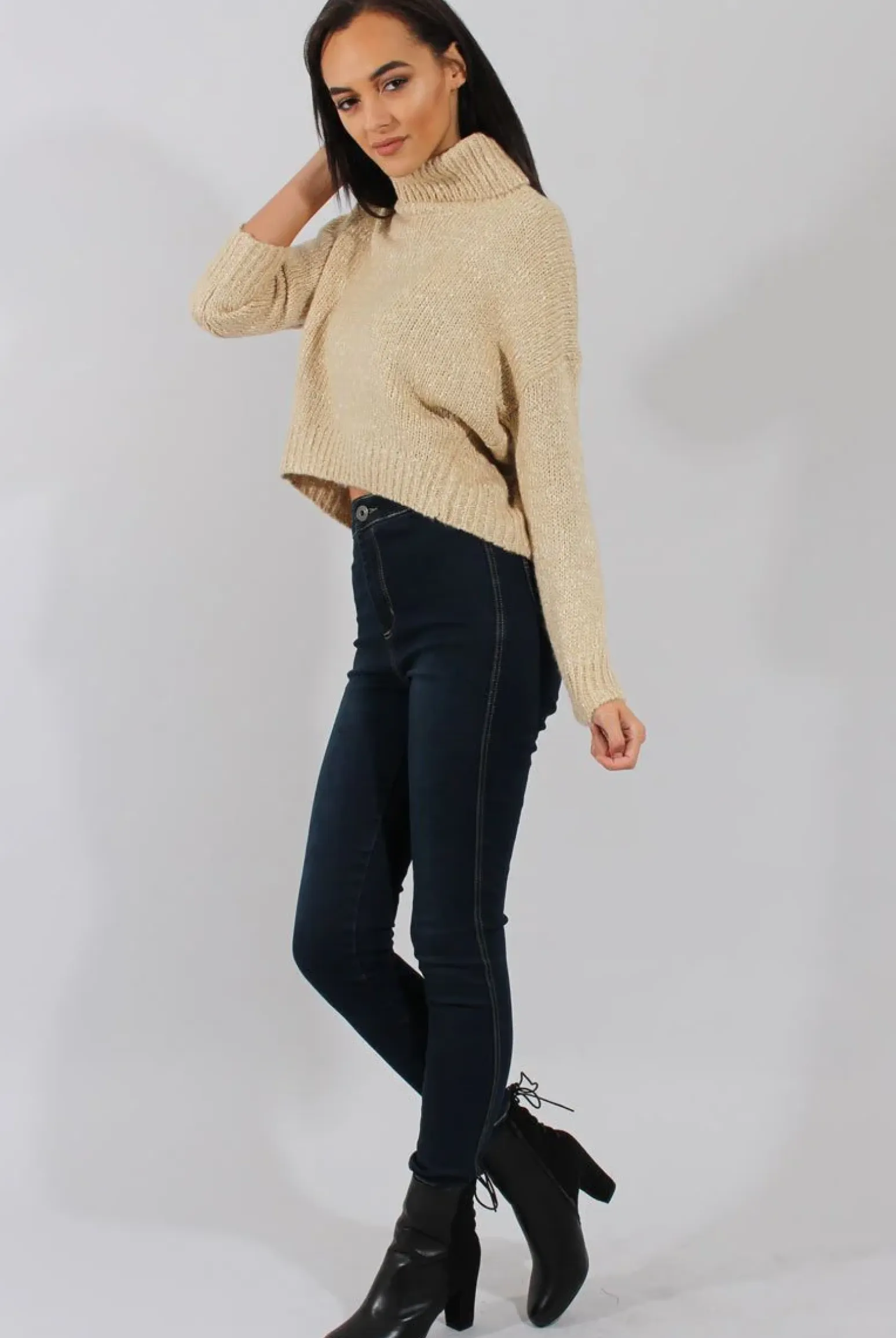 Rebellious Fashion Beige Rollneck Knitted Cropped Jumper - Regean
