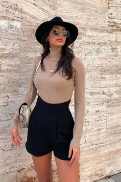 Rebellious Fashion Beige Roll Neck Slim Fit Knitted Jumper - Georgie