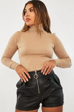 Rebellious Fashion Beige Roll Neck Slim Fit Knitted Jumper - Georgie