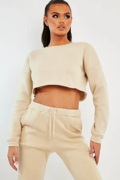 Rebellious Fashion Beige Round Neck Cropped Sweatshirt - Lenny