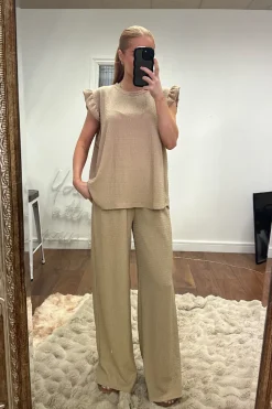 Rebellious Fashion Beige Round Neck Frill Sleeve Top & Straight Leg Trousers Co-ord Set - Ruby