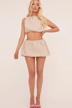 Rebellious Fashion Beige Round Neck Puffball Top & Mini Skirt Co-ord Set - Calbi