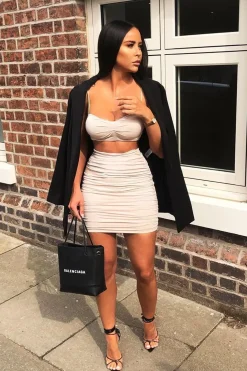 Rebellious Fashion Beige Ruched Detail Crop Top Skirt Co-ord - Eilish