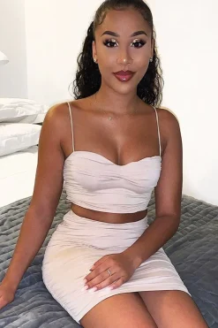 Rebellious Fashion Beige Ruched Detail Crop Top Skirt Co-ord - Eilish