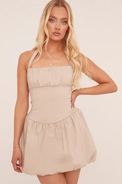 Rebellious Fashion Beige Ruched Halter Neck Puffball Mini Dress - Anessa