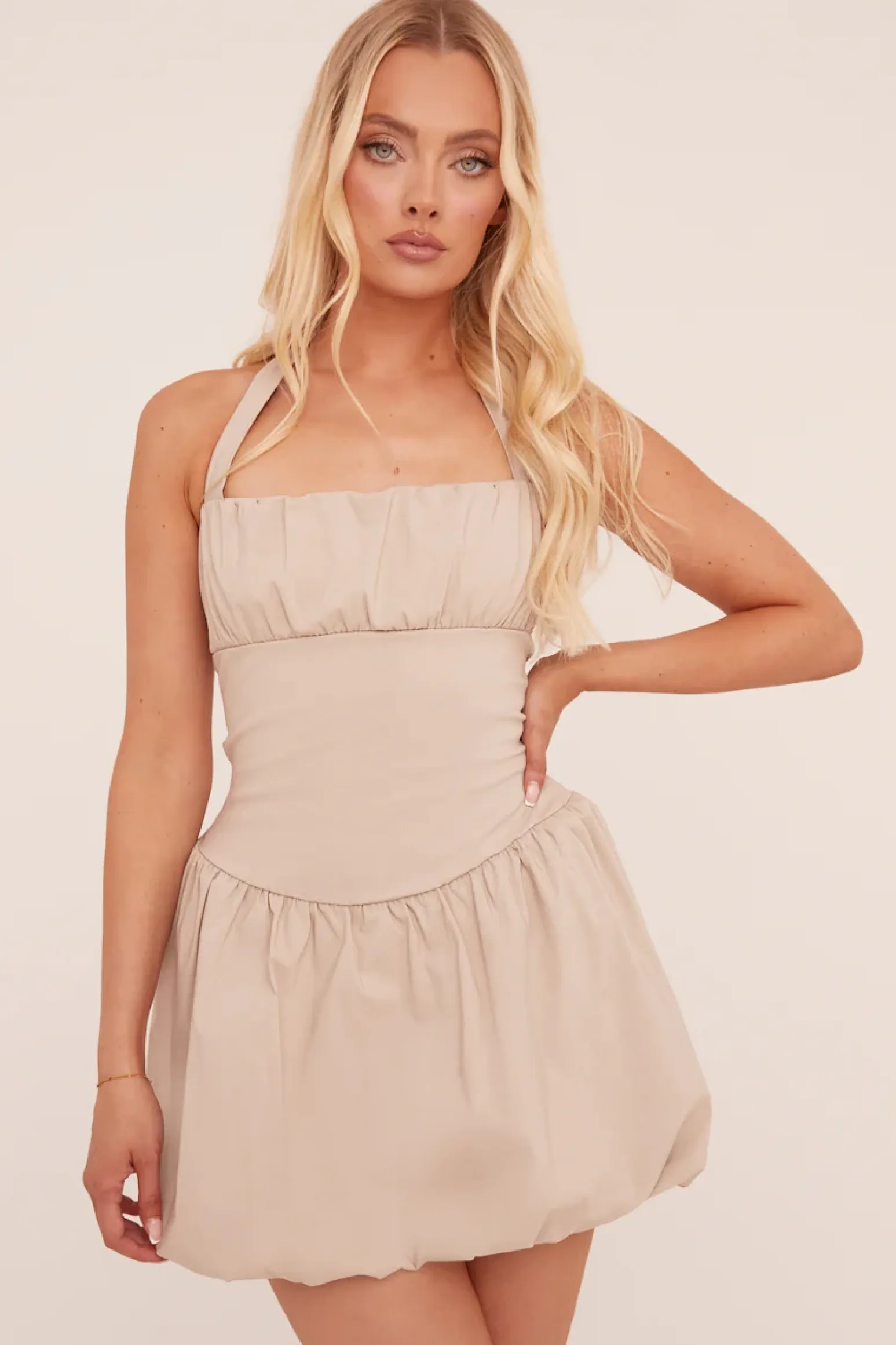 Rebellious Fashion Beige Ruched Halter Neck Puffball Mini Dress - Anessa