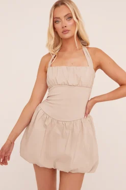 Rebellious Fashion Beige Ruched Halter Neck Puffball Mini Dress - Anessa