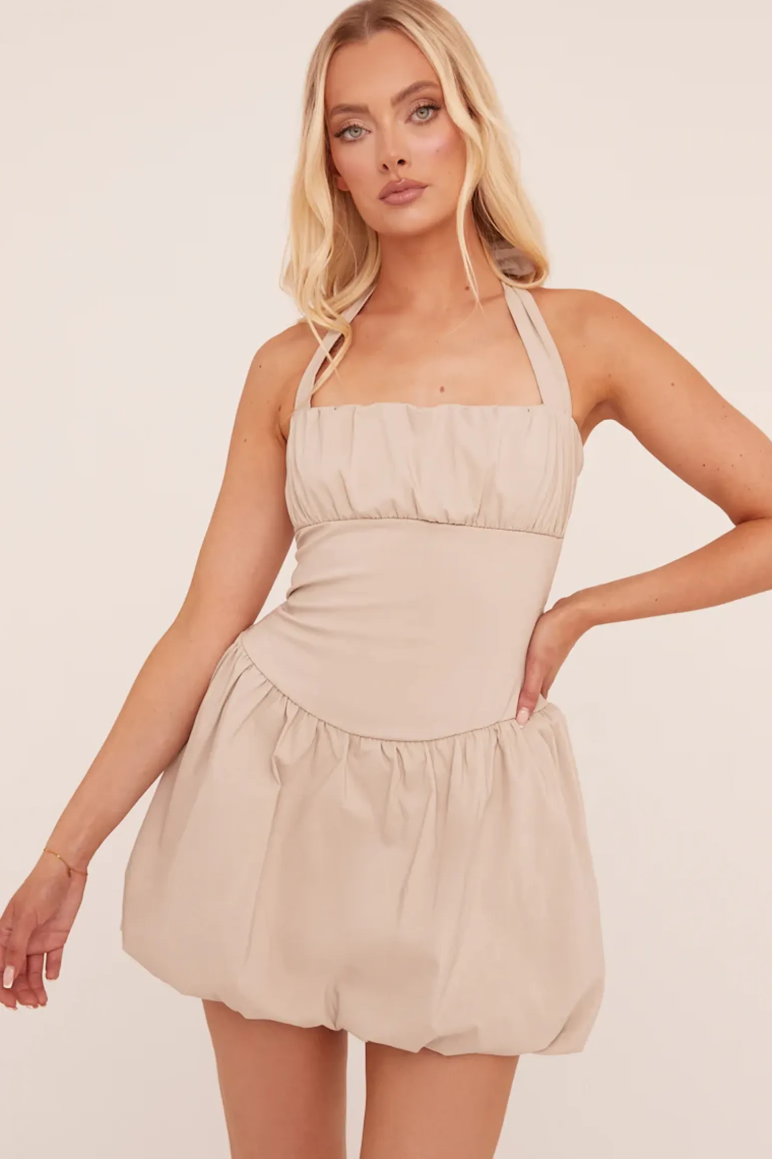 Rebellious Fashion Beige Ruched Halter Neck Puffball Mini Dress - Anessa