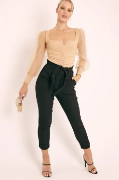 Rebellious Fashion Beige Ruched Metallic Puff Sleeve Bodysuit - Elvie