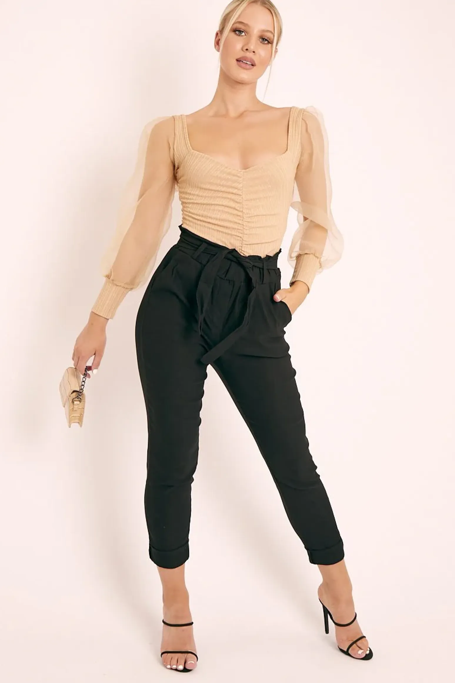 Rebellious Fashion Beige Ruched Metallic Puff Sleeve Bodysuit - Elvie