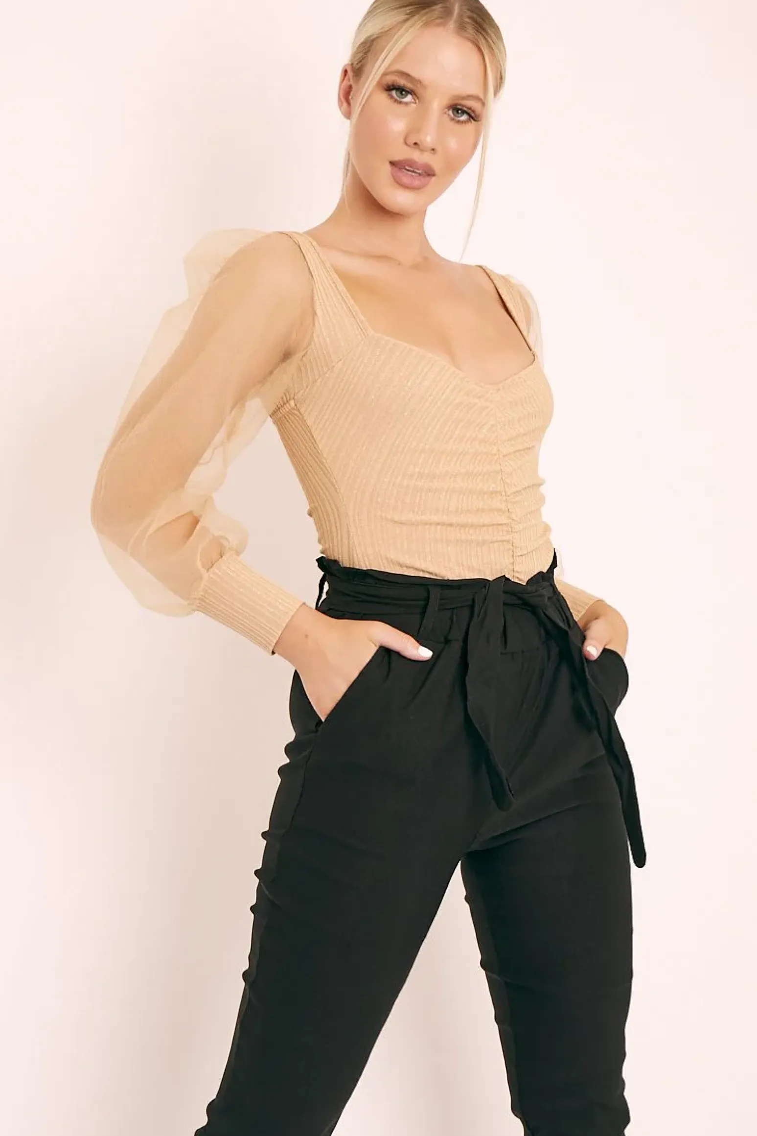 Rebellious Fashion Beige Ruched Metallic Puff Sleeve Bodysuit - Elvie