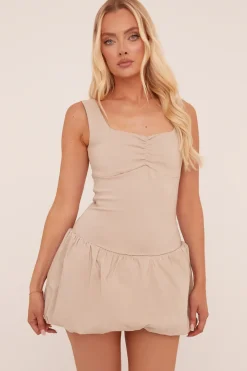 Rebellious Fashion Beige Ruched Neck Puffball Mini Dress - Georgie