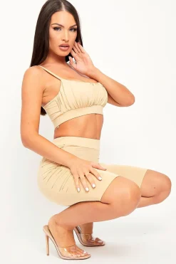Rebellious Fashion Beige Ruched Panel Crop Top + Cycling Shorts Co-ord - Zariah