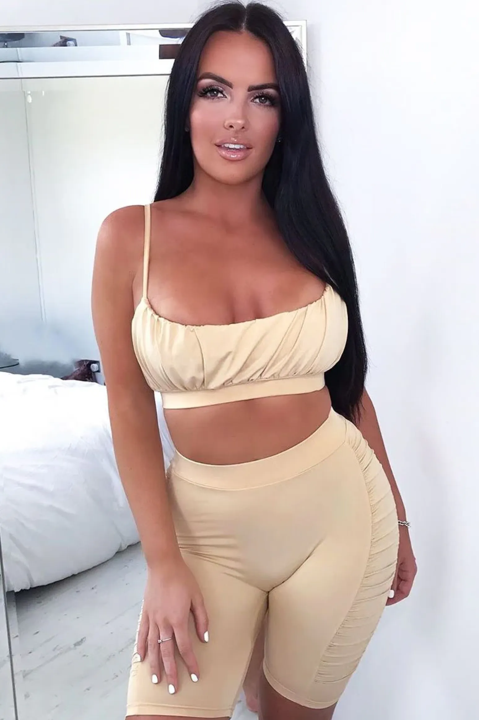 Rebellious Fashion Beige Ruched Panel Crop Top + Cycling Shorts Co-ord - Zariah