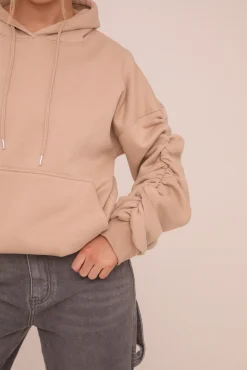 Rebellious Fashion Beige Ruched Sleeve Oversized Hoodie - Lorna