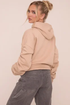 Rebellious Fashion Beige Ruched Sleeve Oversized Hoodie - Lorna
