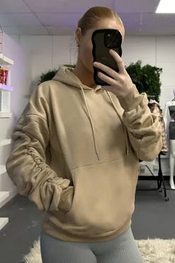 Rebellious Fashion Beige Ruched Sleeve Oversized Hoodie - Lorna