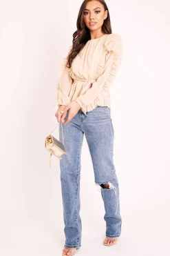 Rebellious Fashion Beige Ruffle Belted Waist Metallic Finish Blouse - Betsey