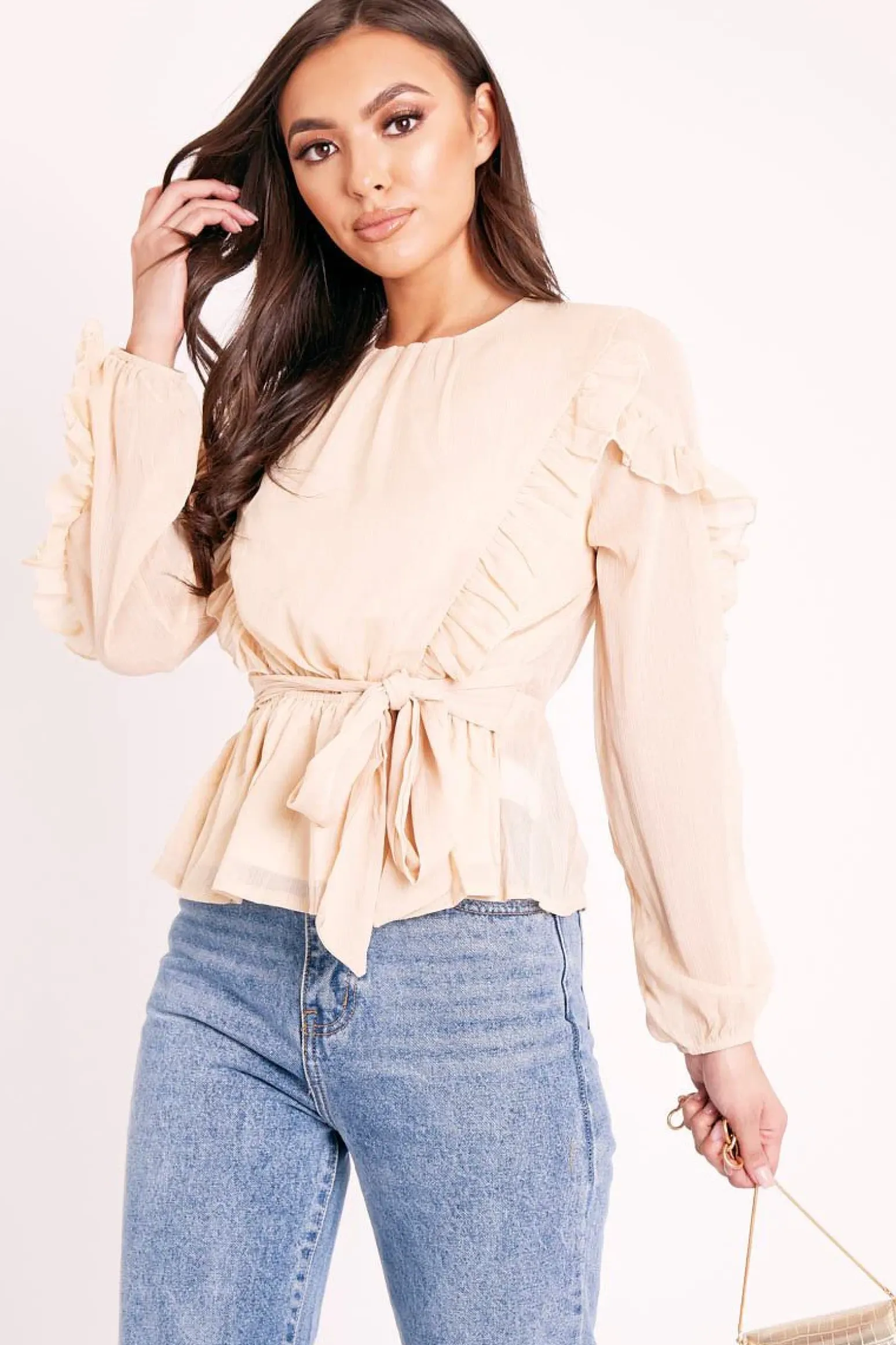 Rebellious Fashion Beige Ruffle Belted Waist Metallic Finish Blouse - Betsey