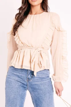 Rebellious Fashion Beige Ruffle Belted Waist Metallic Finish Blouse - Betsey