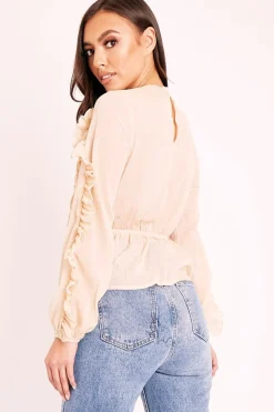 Rebellious Fashion Beige Ruffle Belted Waist Metallic Finish Blouse - Betsey