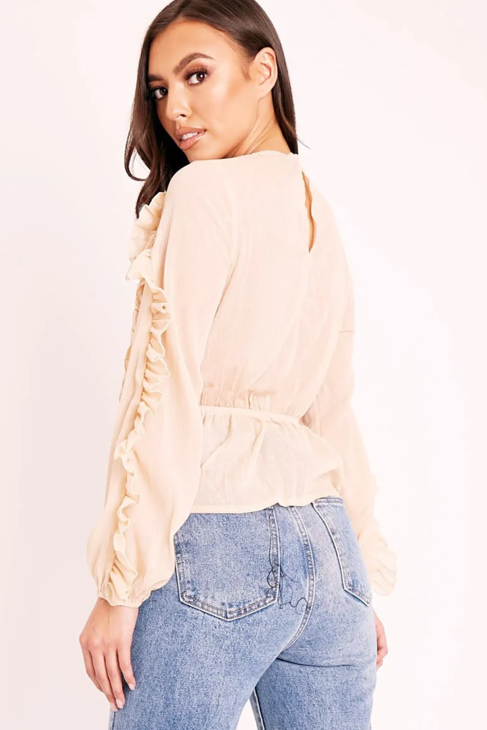 Rebellious Fashion Beige Ruffle Belted Waist Metallic Finish Blouse - Betsey