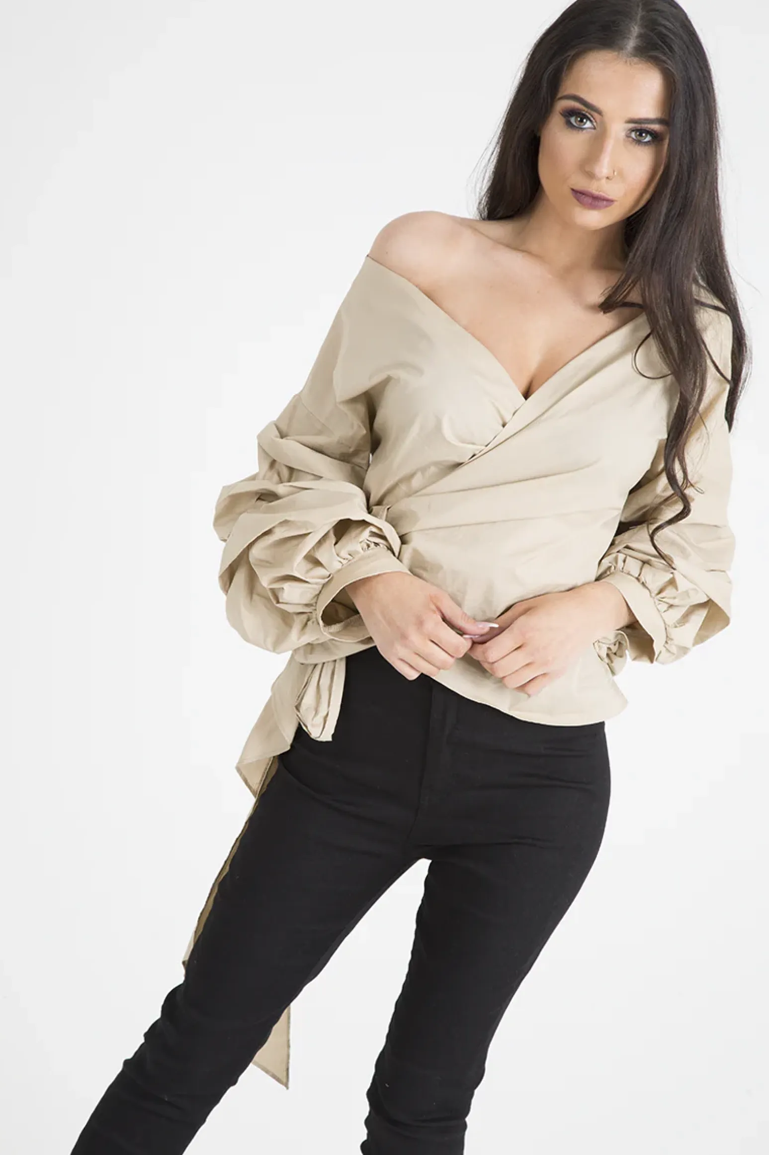 Rebellious Fashion Beige Ruffle Sleeve Crop Top - Susie
