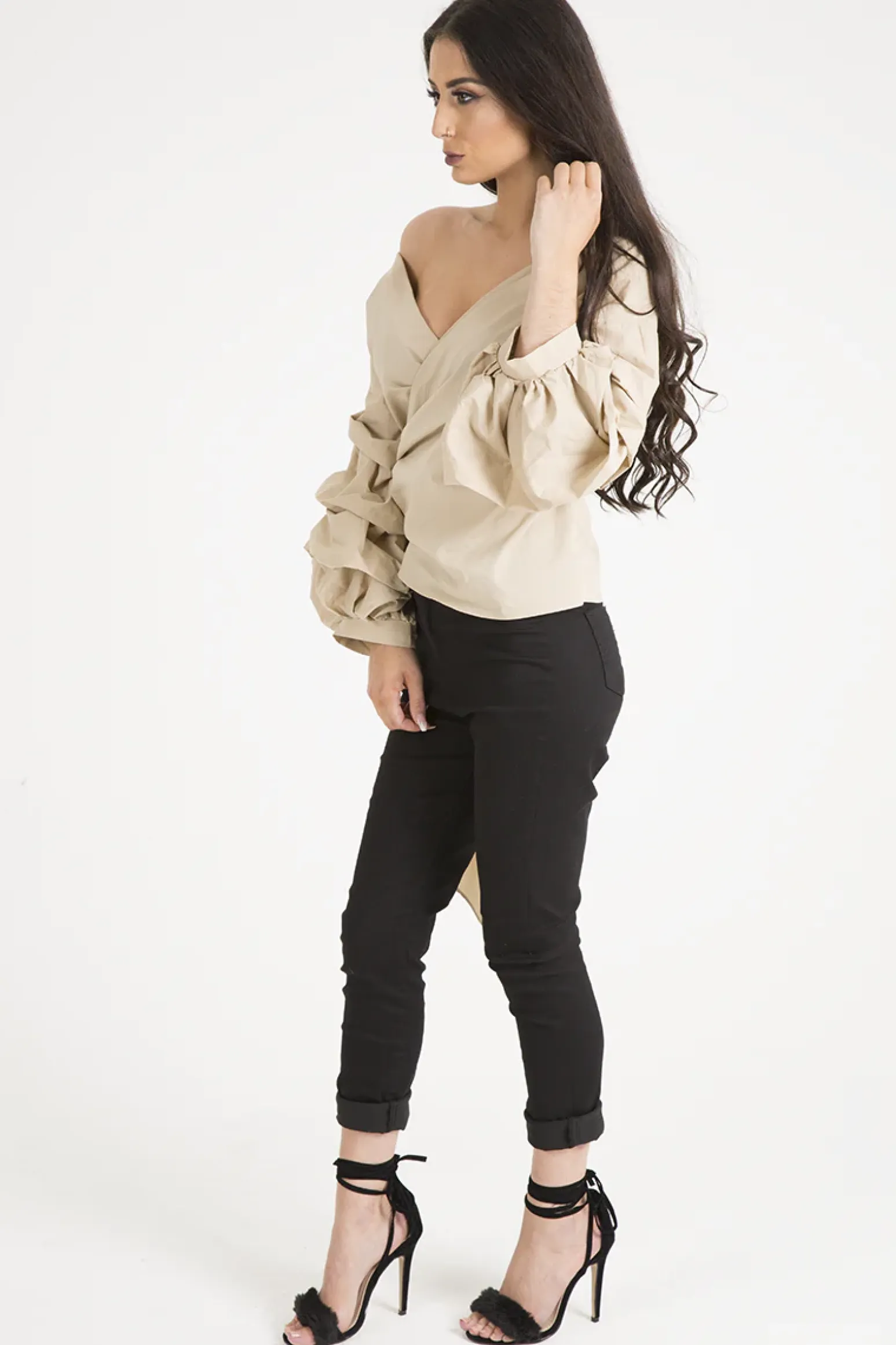 Rebellious Fashion Beige Ruffle Sleeve Crop Top - Susie