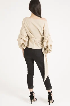 Rebellious Fashion Beige Ruffle Sleeve Crop Top - Susie