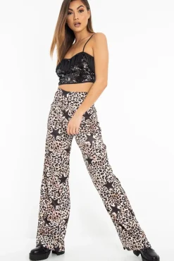 Rebellious Fashion Beige Satin Leopard Print Star Detail Wide Leg Trousers - Pippa