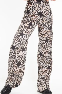 Rebellious Fashion Beige Satin Leopard Print Star Detail Wide Leg Trousers - Pippa