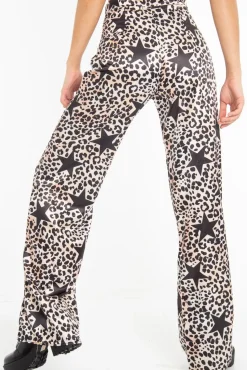 Rebellious Fashion Beige Satin Leopard Print Star Detail Wide Leg Trousers - Pippa