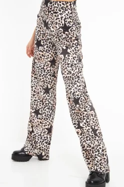 Rebellious Fashion Beige Satin Leopard Print Star Detail Wide Leg Trousers - Pippa